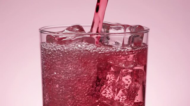 Refreshing Pink Drink Pour: Red Liquid Splashing Over Ice Cubes in a Clear Glass Against a Pink Background, Ideal for Summer Beverage Advertising.