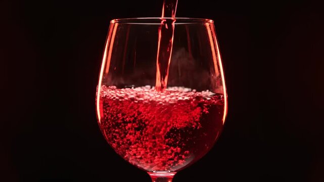 Elegant Red Wine Pour: Close-up of ruby red liquid splashing into a crystal glass against a black background, ideal for luxury dining promotions and winery advertisements.