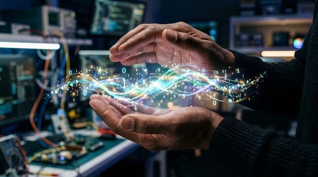 Hands creating digital energy wave with binary code and lights, technology concept