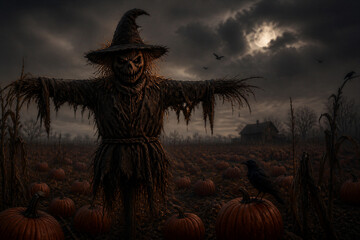 Fototapeta premium Scarecrow looming over pumpkin field under moonlit sky