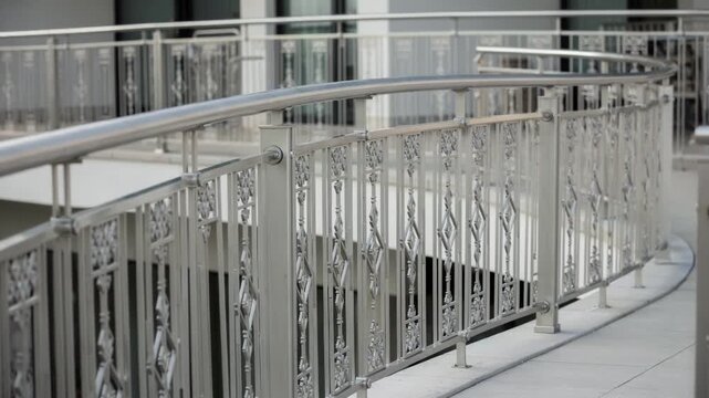 Medium angle showing intricately designed aluminum balusters and curved handrails securing an expansive balcony edge for enhanced protection