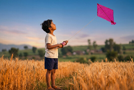 Indian boy flying pink kite in wheat field at sunset