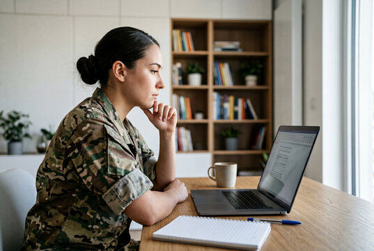 Female soldier working on laptop at desk in office