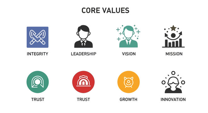 Core Values Icons Representing Business Principles and Company Culture.