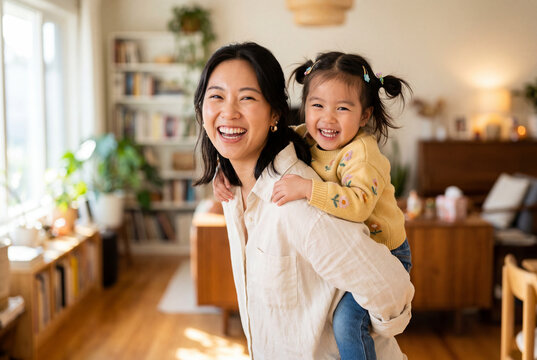 Young asian woman smiling while giving a happy little girl a piggyback ride in the living room