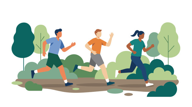 Three runners sprinting along park trail in motion.