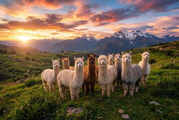 Naklejka premium Herd of fluffy alpacas standing in a green field with mountains at sunset