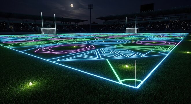 Neon lit sports field at night.