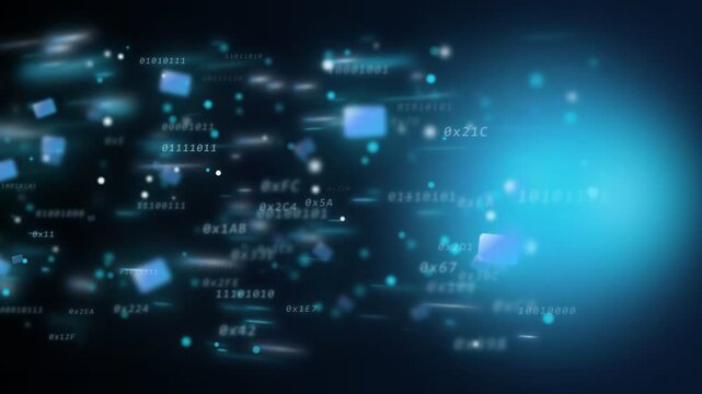 Digital data stream, glowing binary code and blue squares on dark technology