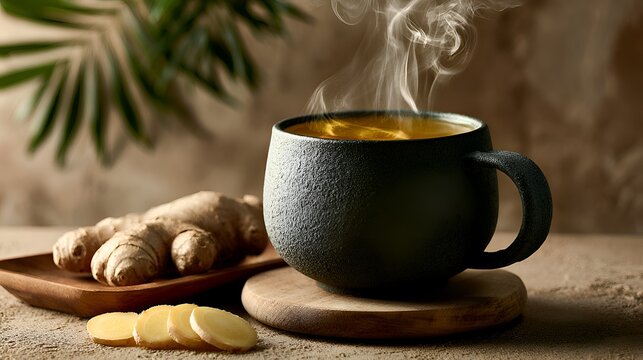 Steaming ginger tea in a dark mug sits on a wooden coaster with sliced ginger root on a tray in warm light with palm fronds decor.