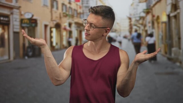 Young man in a burgundy tank top and glasses shows open palms and visible forearms while shrugging on a narrow european street; uncertainty choice.