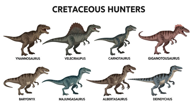 Eight prehistoric carnivorous dinosaurs illustrated in two rows against a white background