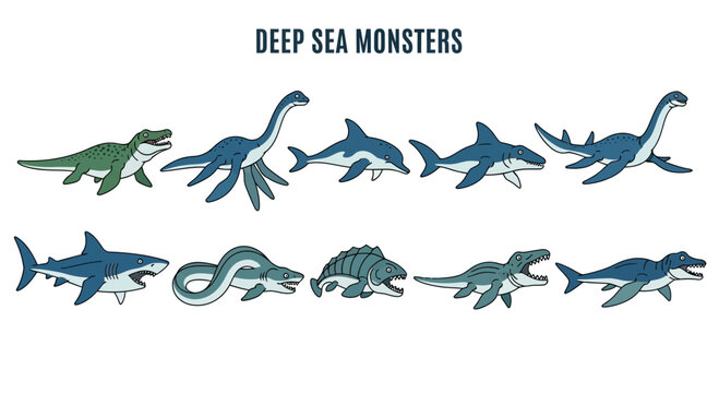 Ten cartoon illustrations of marine reptiles and sharks under the title DEEP SEA MONSTERS