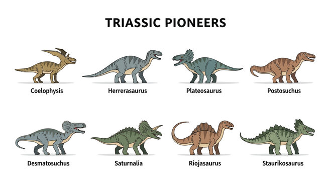 Eight Triassic Pioneer dinosaur illustrations with names underneath