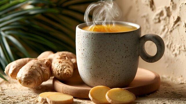 A steamy mug of ginger tea sits on a wooden coaster with sliced ginger root beside it against a textured backdrop with green fronds.