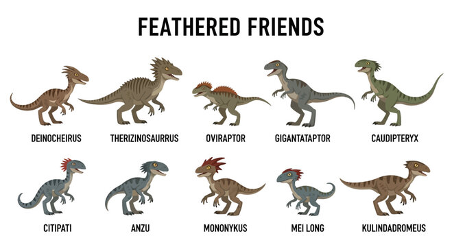 Cartoon illustrations of ten different feathered dinosaurs with their names printed below