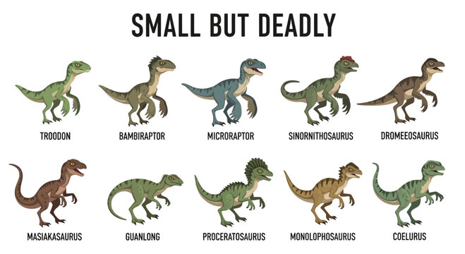 Ten small theropod dinosaurs illustrated with names below each