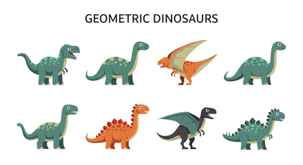Eight geometric cartoon dinosaurs in two rows on a white background © Fauzan Adzima