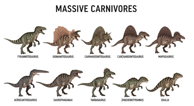 Illustration of ten different large carnivorous dinosaurs labeled by species name