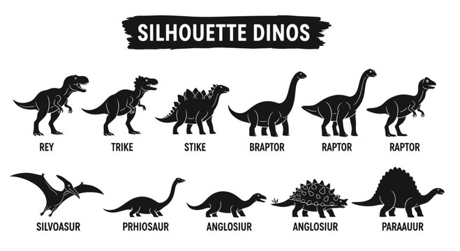 Ten black dinosaur silhouettes with misspelled names underneath on a white background