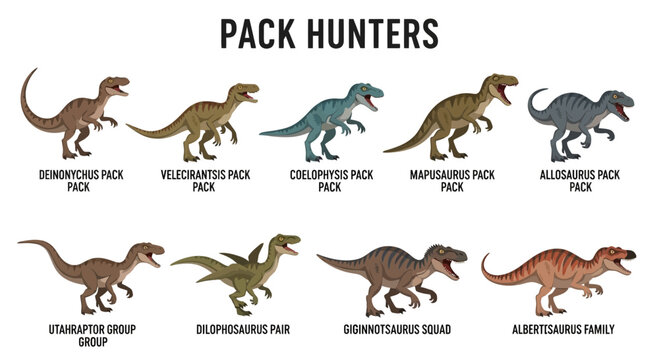 Nine illustrations of dinosaur species labeled as pack hunters