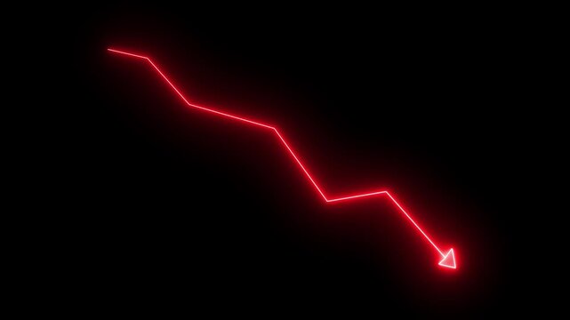 Glowing red neon downward graph with arrow indicating decline, loss, and negative trends on a dark, abstract background, perfect for conveying risk, crisis animation.Right-directional arrow loop.4k