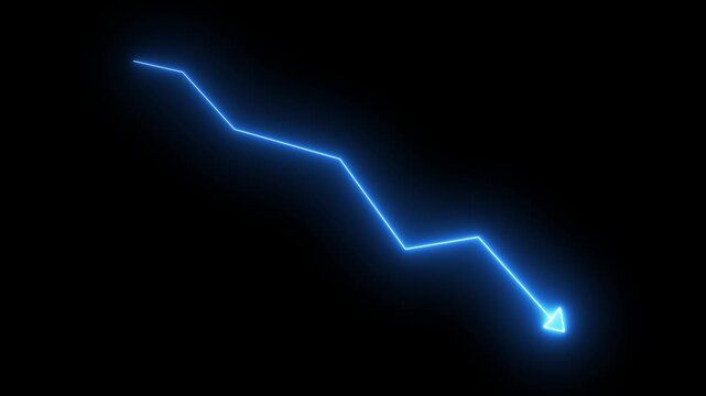 Glowing red neon downward graph with arrow indicating decline, loss, and negative trends on a dark, abstract background, perfect for conveying risk, crisis animation.Right-directional arrow loop.4k