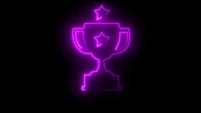 Glowing neon line Award cup icon isolated on black background. Winner trophy symbol. Championship or competition trophy. Sports .Glowing neon line award cup icon with a bright luminous.4k