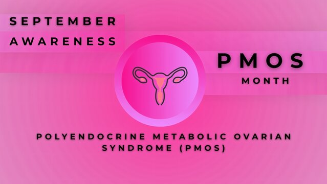 An informative 4K vector graphic template dedicated to September's PMOS (Polyendocrine Metabolic Ovarian Syndrome) Awareness Month, featuring a detailed female reproductive system illustration.