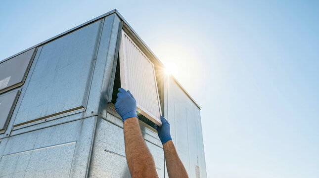 HVAC technician replacing air filter in rooftop unit under bright sky, promoting air quality and system efficiency.