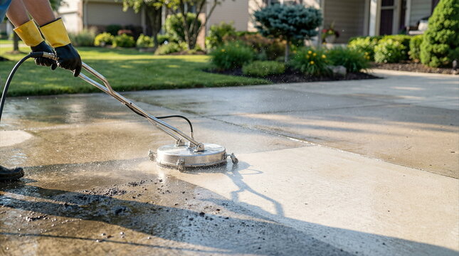 Pressure washing concrete driveway with surface cleaner at suburban home, outdoor property maintenance.