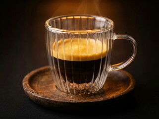 Fototapeta premium Espresso in ribbed glass mug with crema, steaming coffee on wooden saucer, dark background, comforting morning drink.