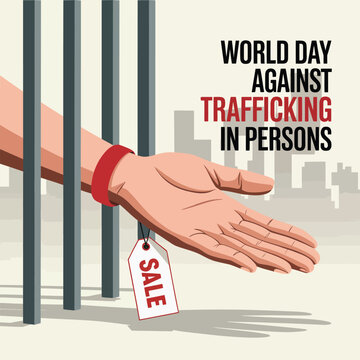 World day against trafficking in persons concept, human hand behind bars with a sale tag