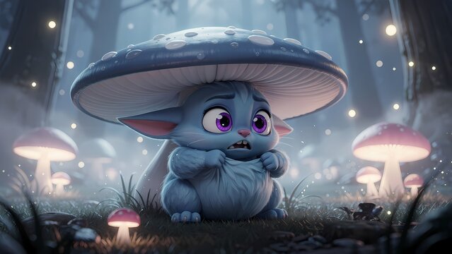 Cute blue creature hiding under giant mushroom, looking nervous and scared in a magical forest environment with glowing fungi and fireflies, fantasy art.