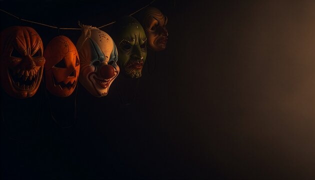 Collection of scary Halloween horror masks including clown, evil pumpkin, and demon hanging on a rope in darkness with side light