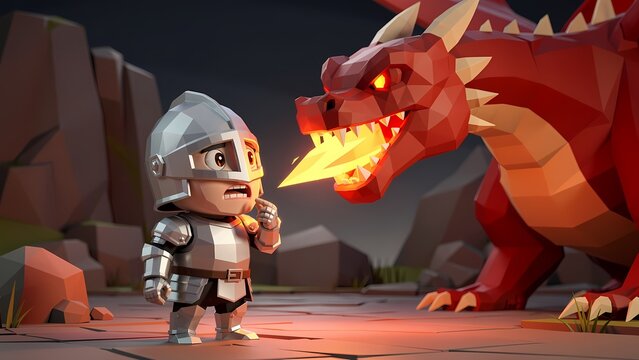 Low poly knight character facing fire-breathing dragon with nervous expression in a fantasy game-like scene, digital 3D illustration of fear and challenge.