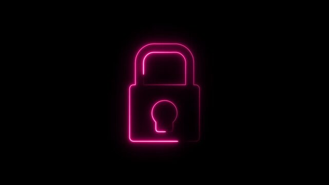 Glowing neon pink color lock animation icon padlock password privacy protection safety security digital lock animated sign symbol on black background, glowing neon lock animation icon, with 4k video.