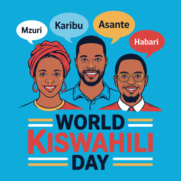 World kiswahili day illustration featuring diverse people with speech bubbles containing swahili greetings