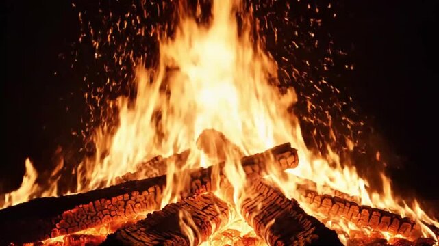 Bright orange bonfire flames dancing with rising sparks motion video clip