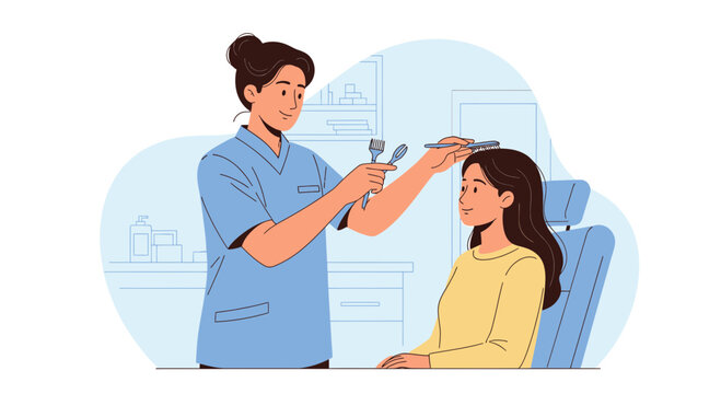 Doctor examining patient's ear with medical instruments in clinic interior, flat vector illustration