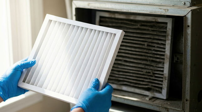 Air filter replacement with gloved hand holding new filter near dirty furnace filter, HVAC system maintenance.