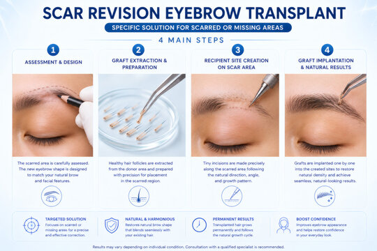 Scar revision eyebrow transplant surgery infographic, 4 main steps of advanced brow restoration and hair graft implantation on scarred or missing areas for medical clinic.