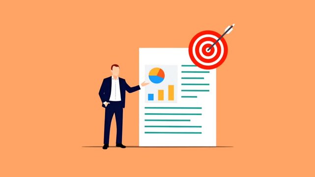 businessman presenting financial data analysis with target goal icon