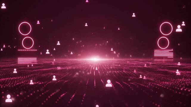 Abstract Digital Matching Algorithm Visualization with Glowing User Profile Icons and Particle Grid in Pink Neon Cyberspace