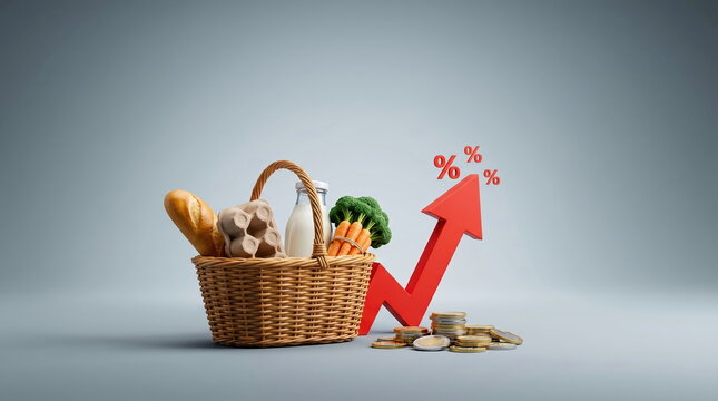 Food costs represented by grocery basket, upward arrow, and coins on neutral background, illustrating rising prices and inflation impact.