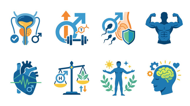 Men&rsquo;s health flat icon set: prostate symbol, testosterone icon, reproductive health symbol, fitness body icon, heart health, hormone balance, wellness icons