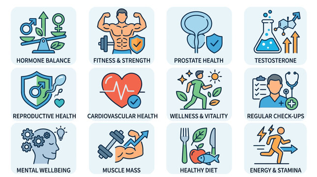 Men&rsquo;s health flat icon set: prostate symbol, testosterone icon, reproductive health symbol, fitness body icon, heart health, hormone balance, wellness icons