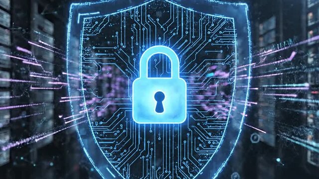 Digital security shield and padlock icon symbolizing robust cyber defense for network protection, data privacy, and fraud prevention. Advanced technology protecting sensitive information from online..