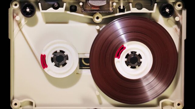 Internal mechanism of open retro audio cassette tape playing forward showing magnetic tape reels with red clips against black background