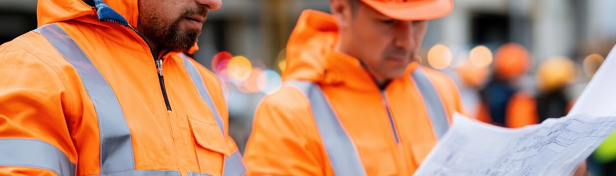 Construction workers reviewing plans at outdoor work site